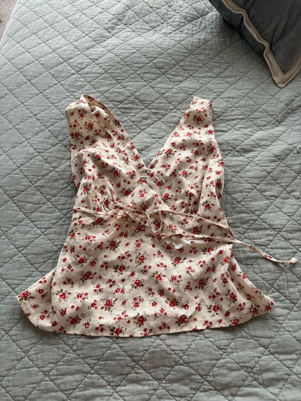 Reformation Cream V-Neck Floral Tie-Waist Camisole with Red Print